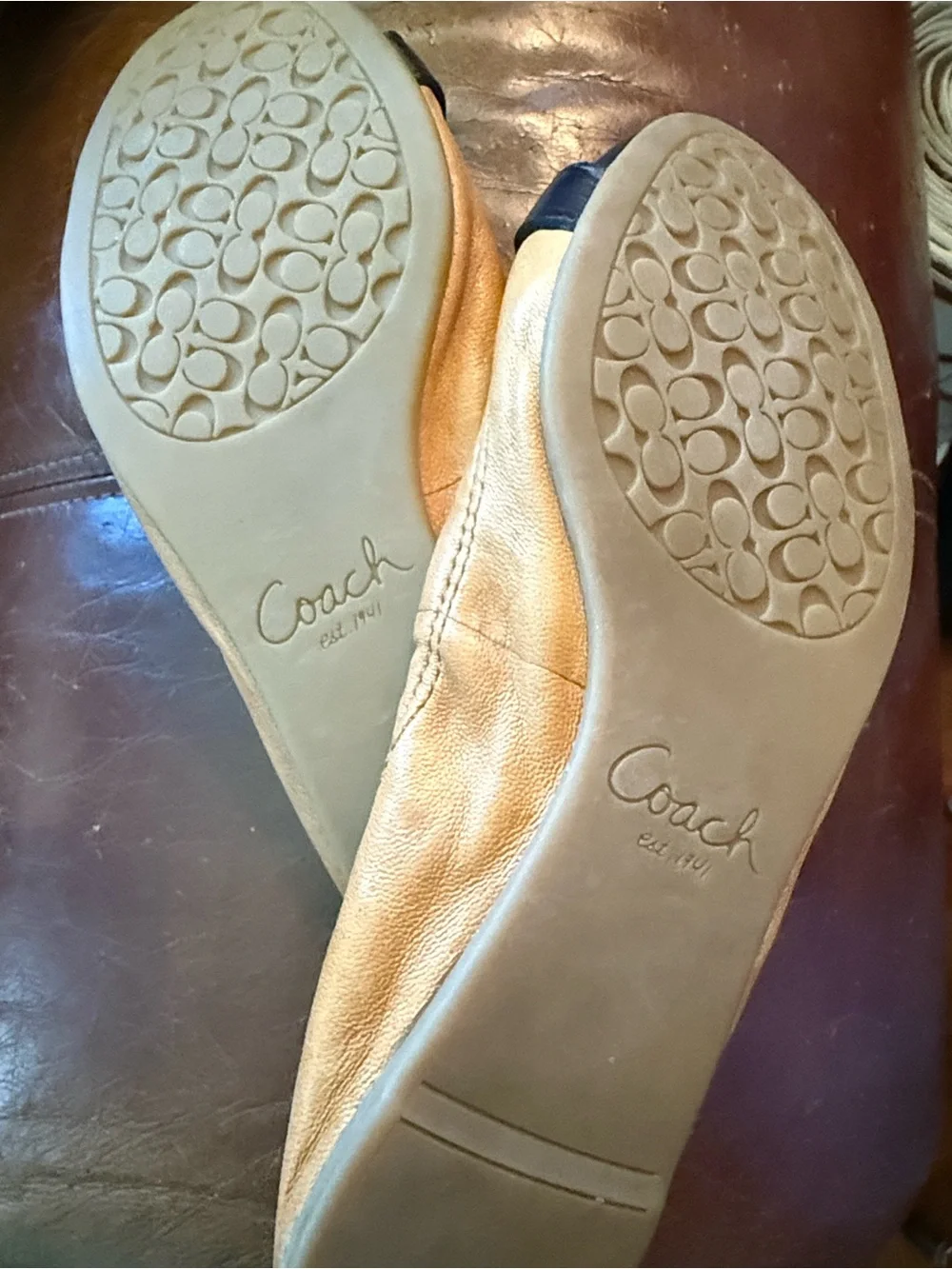 COACH Delphine Tan Black Leather Cap Toe Ballet Flats Buckle 5B Unworn
